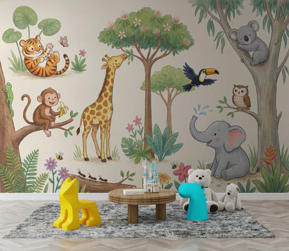 Safari Hayvanlı Poster Duvar Kağıdı Pastel Çocuk Odası Duvar Murali