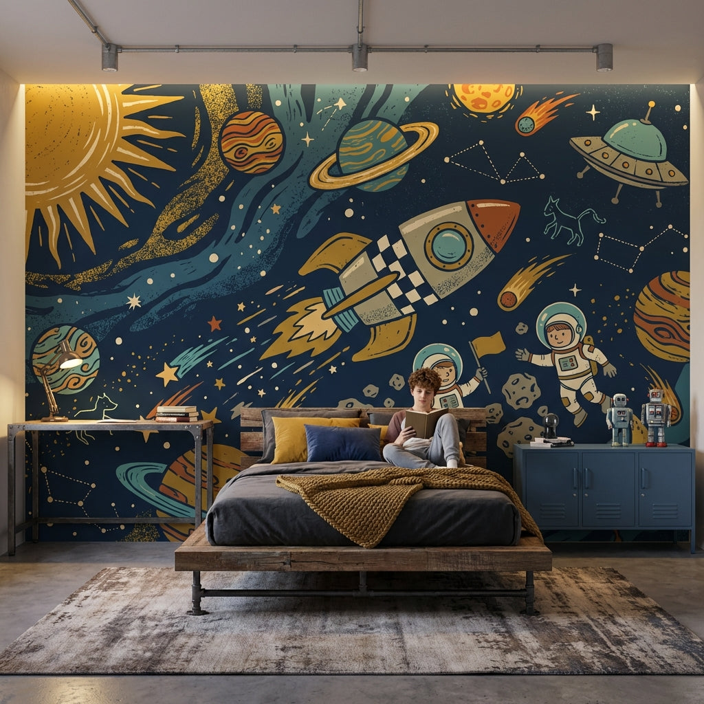 Uzay Temalı Poster Duvar Kağıdı Lacivert Çocuk Odası Deseni