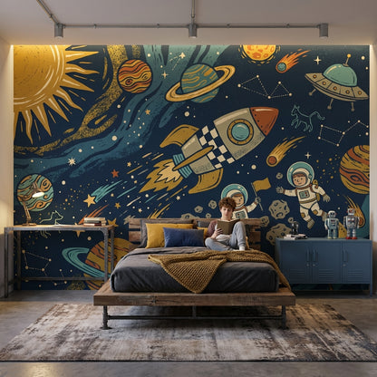 Uzay Temalı Poster Duvar Kağıdı Lacivert Çocuk Odası Deseni