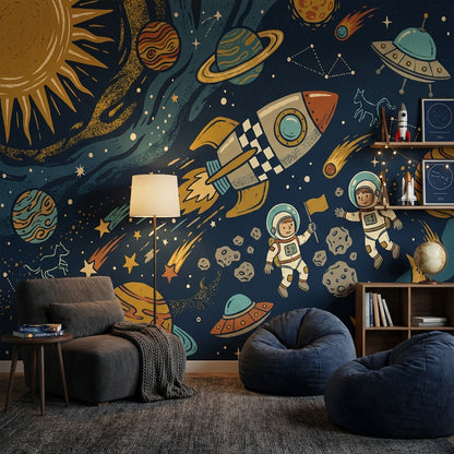 Uzay Temalı Poster Duvar Kağıdı Lacivert Çocuk Odası Deseni