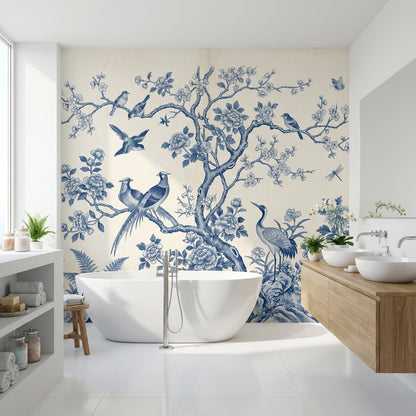 Mavi Beyaz Çiçekli Kuşlu Poster Duvar Kağıdı Banyo Dekoru
