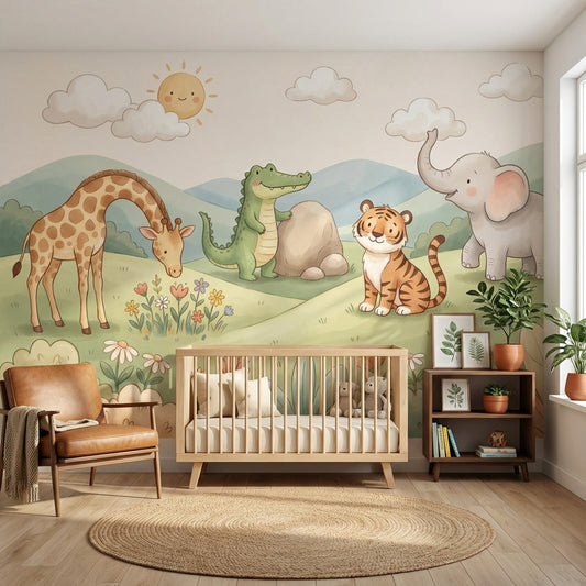 Sevimli Safari Hayvanları Poster Duvar Kağıdı Pastel Bebek Odası