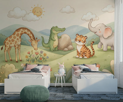 Sevimli Safari Hayvanları Poster Duvar Kağıdı Pastel Bebek Odası