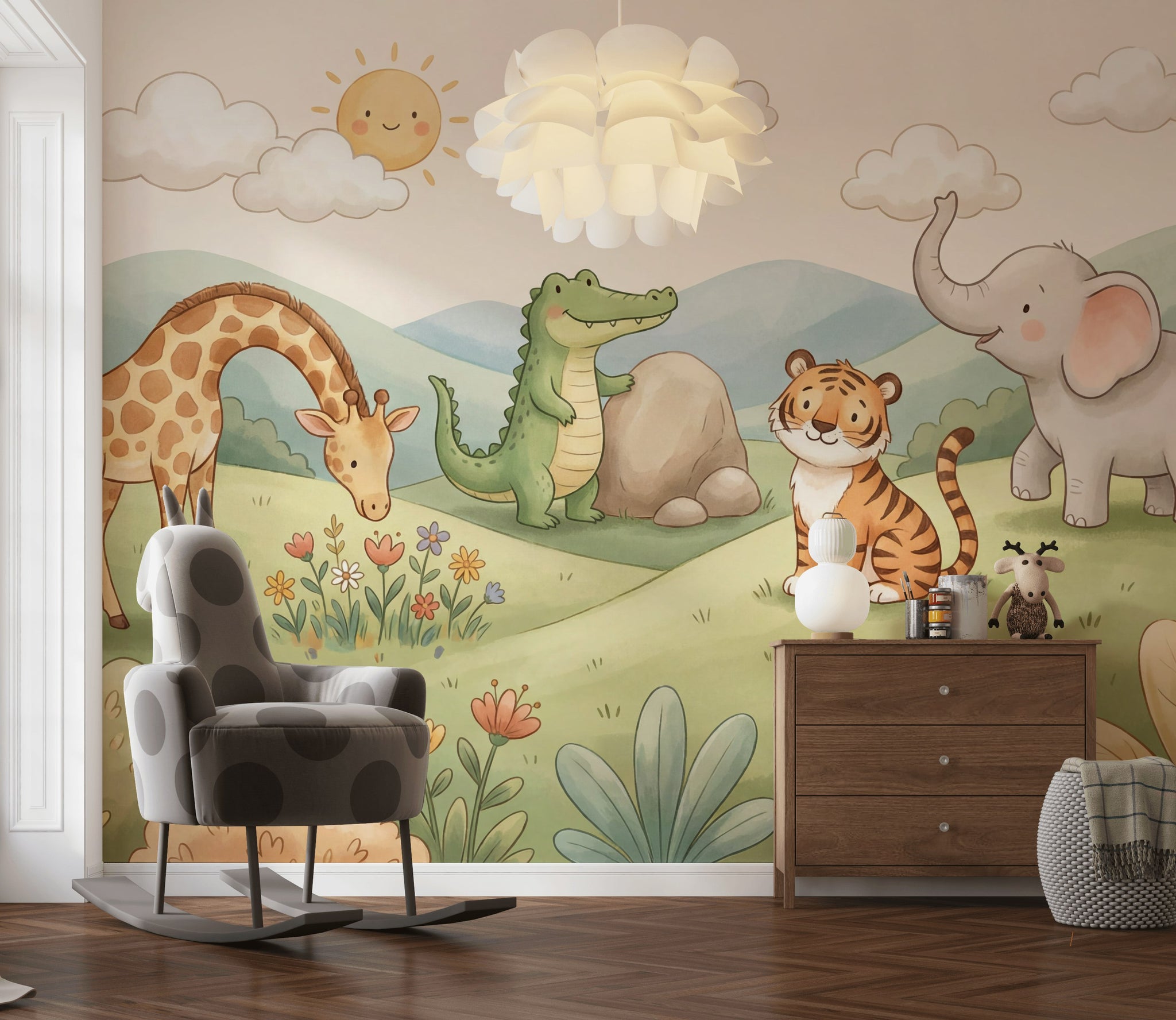 Sevimli Safari Hayvanları Poster Duvar Kağıdı Pastel Bebek Odası