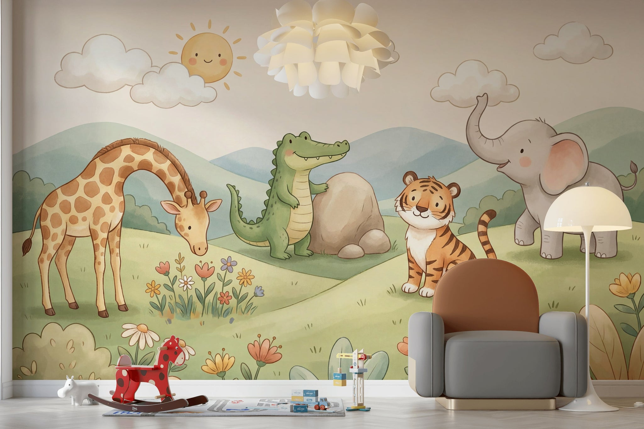 Sevimli Safari Hayvanları Poster Duvar Kağıdı Pastel Bebek Odası