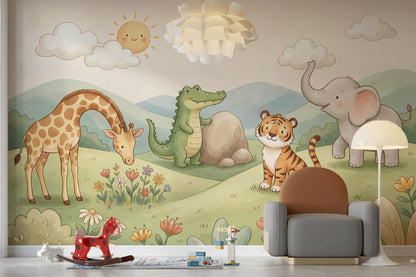 Sevimli Safari Hayvanları Poster Duvar Kağıdı Pastel Bebek Odası
