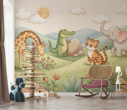 Sevimli Safari Hayvanları Poster Duvar Kağıdı Pastel Bebek Odası