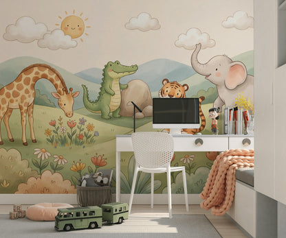 Sevimli Safari Hayvanları Poster Duvar Kağıdı Pastel Bebek Odası