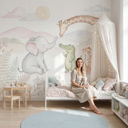 Safari Hayvanlı Poster Duvar Kağıdı Pastel Çocuk Odası