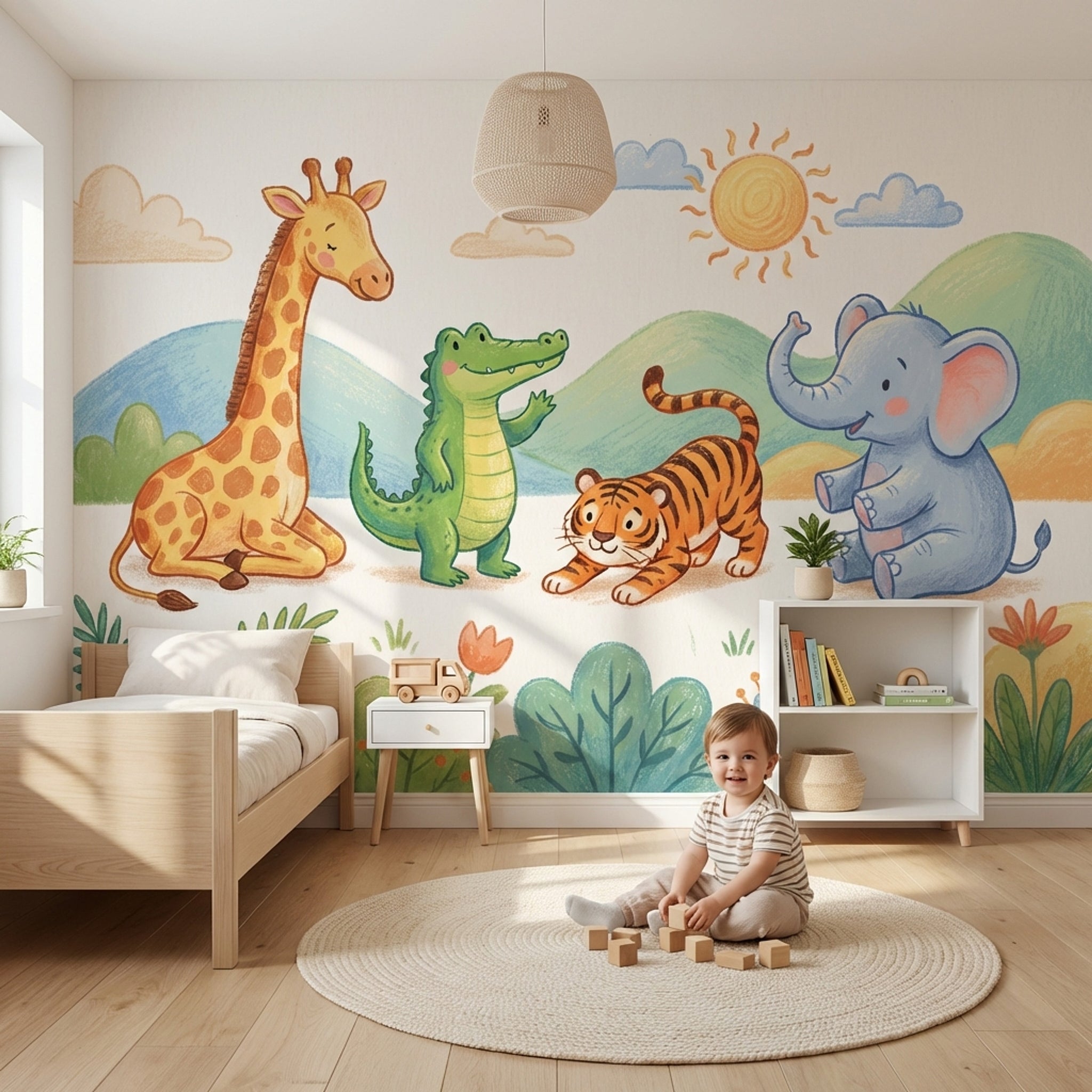 Safari Hayvanlı Poster Duvar Kağıdı Pastel Çocuk Odası Desenli