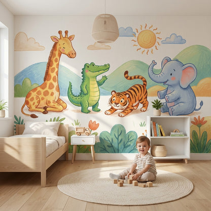 Safari Hayvanlı Poster Duvar Kağıdı Pastel Çocuk Odası Desenli