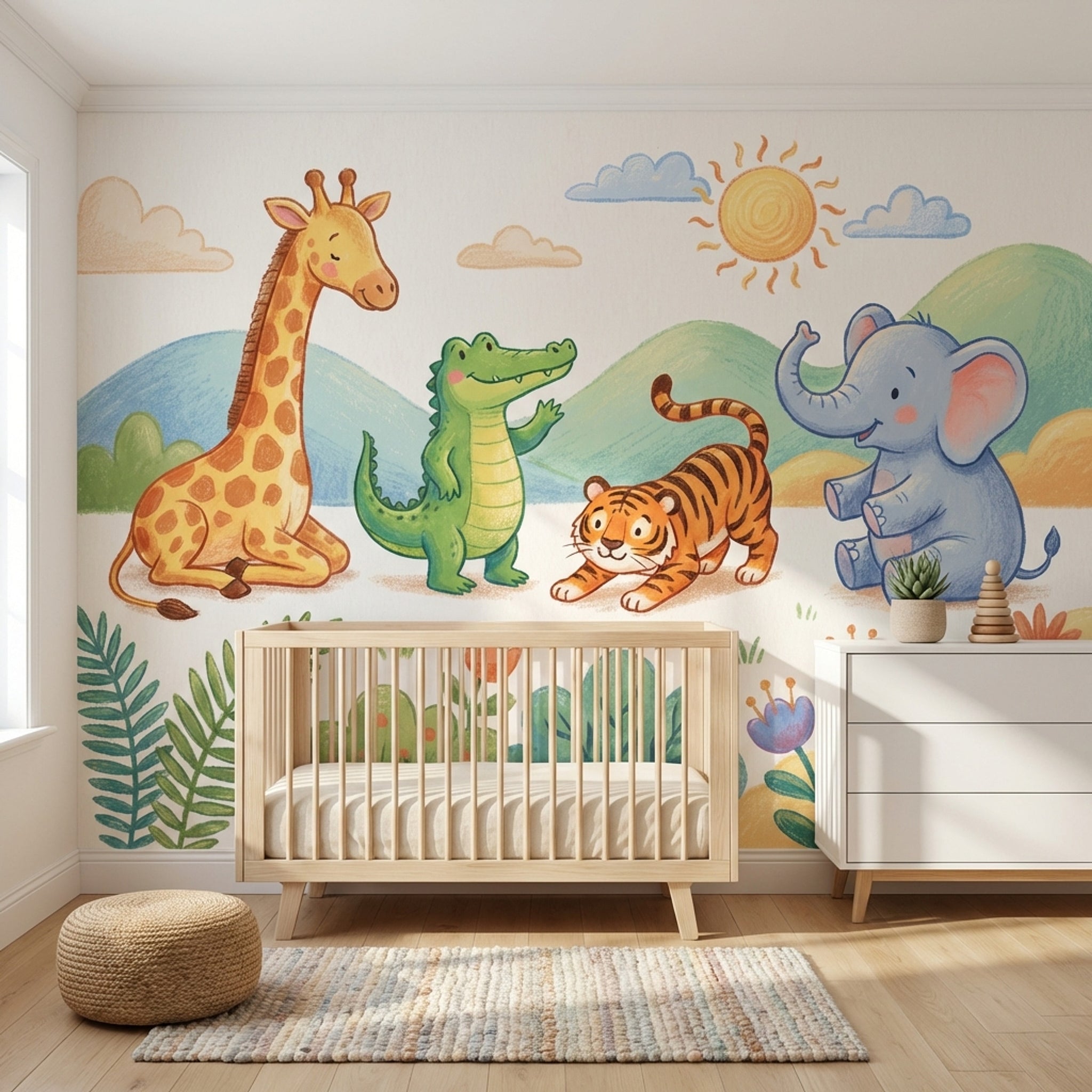 Safari Hayvanlı Poster Duvar Kağıdı Pastel Çocuk Odası Desenli