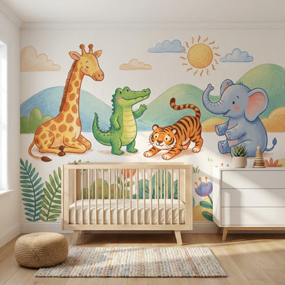 Safari Hayvanlı Poster Duvar Kağıdı Pastel Çocuk Odası Desenli