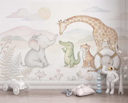 Safari Hayvanlı Poster Duvar Kağıdı Pastel Çocuk Odası