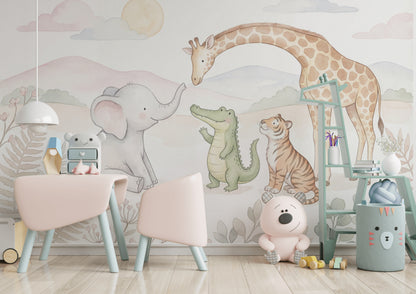Safari Hayvanlı Poster Duvar Kağıdı Pastel Çocuk Odası