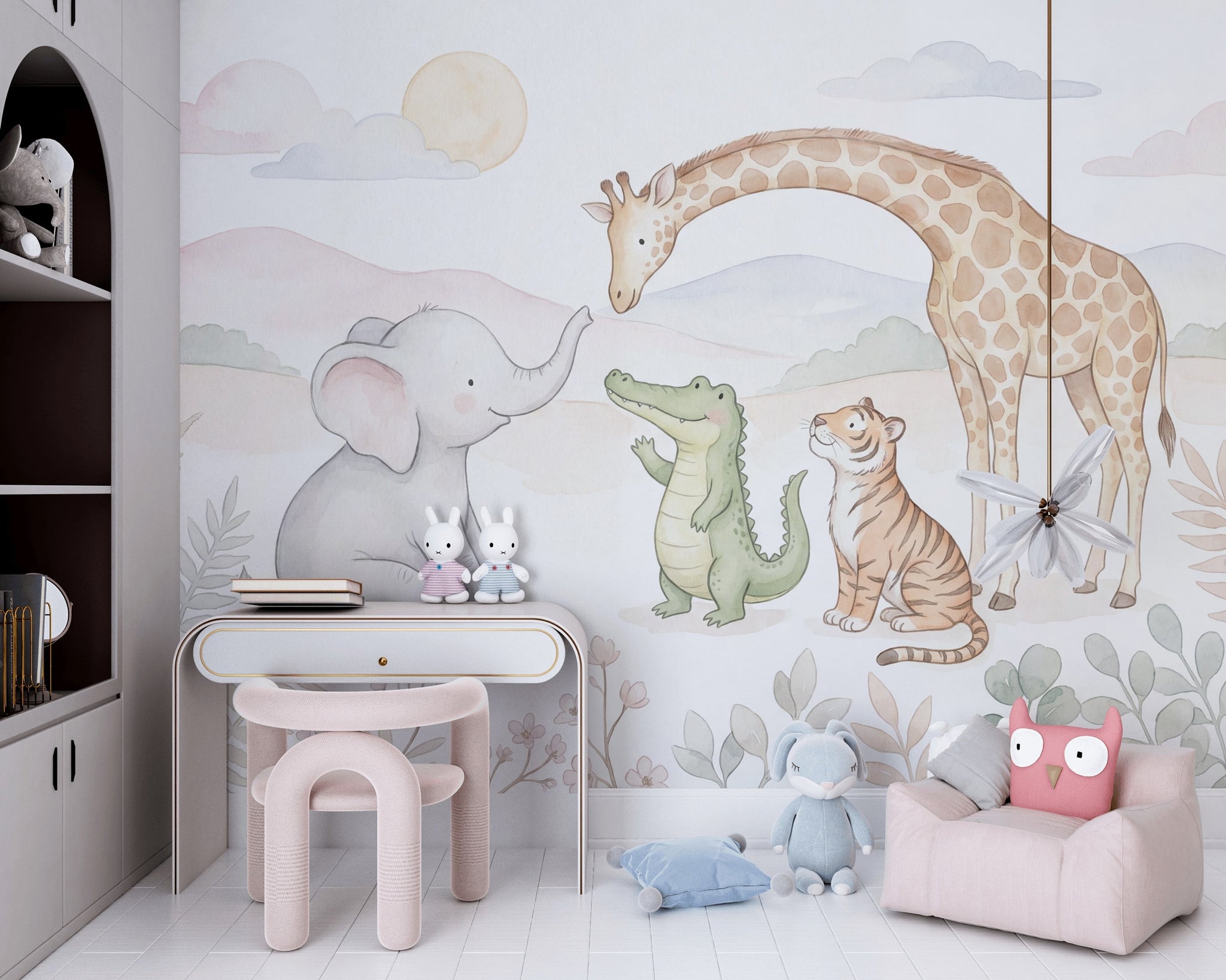 Safari Hayvanlı Poster Duvar Kağıdı Pastel Çocuk Odası