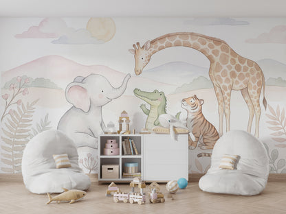Safari Hayvanlı Poster Duvar Kağıdı Pastel Çocuk Odası