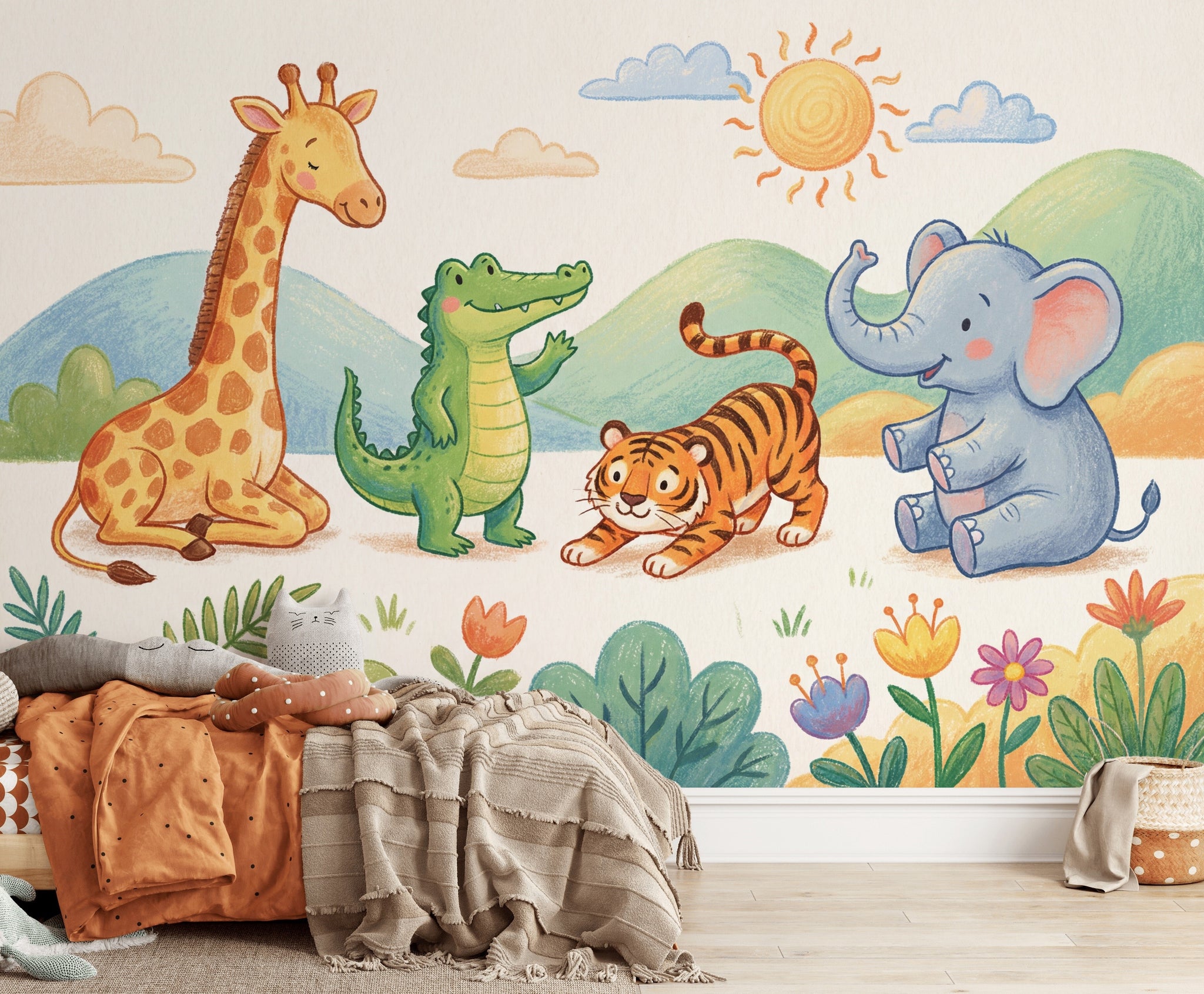 Safari Hayvanlı Poster Duvar Kağıdı Pastel Çocuk Odası Desenli