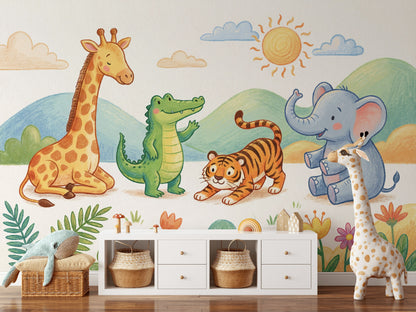 Safari Hayvanlı Poster Duvar Kağıdı Pastel Çocuk Odası Desenli