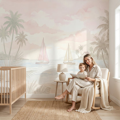 Pastel Tropikal Sahil Manzaralı Poster Duvar Kağıdı Bebek Odası