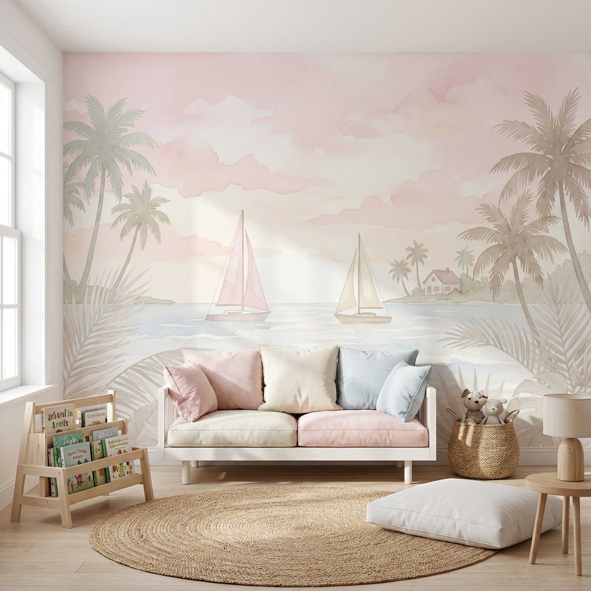 Pastel Tropikal Sahil Manzaralı Poster Duvar Kağıdı Bebek Odası