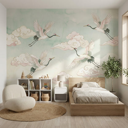 Uçan Turnalı Poster Duvar Kağıdı Pastel Bulutlu Çocuk Odası