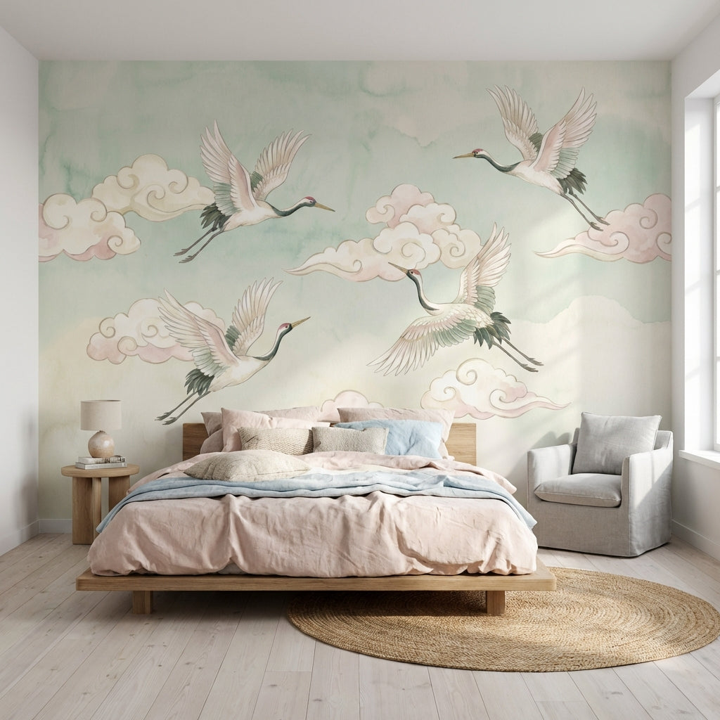Uçan Turnalı Poster Duvar Kağıdı Pastel Bulutlu Çocuk Odası