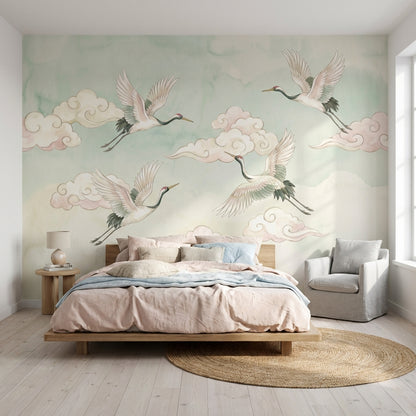 Uçan Turnalı Poster Duvar Kağıdı Pastel Bulutlu Çocuk Odası