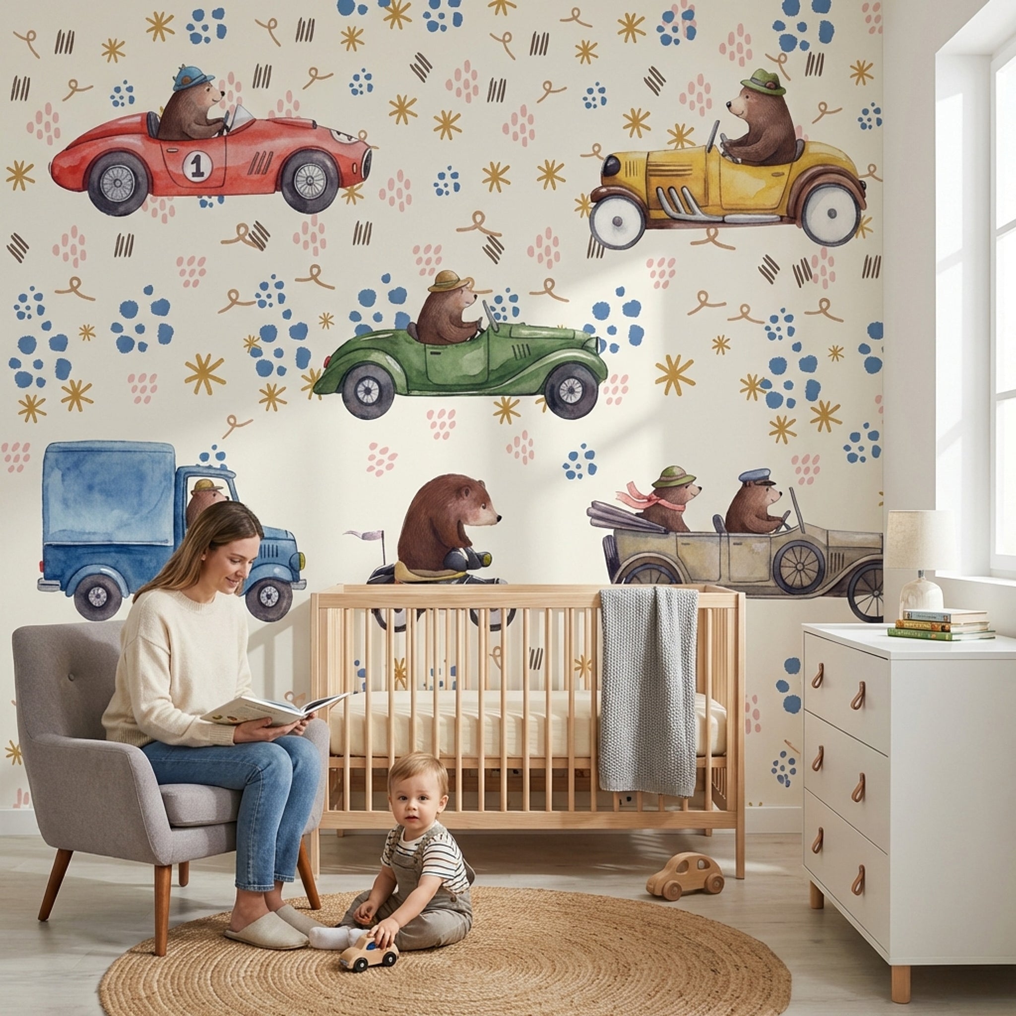 Arabada Ayıcıklar Poster Duvar Kağıdı Bej Bebek Odası