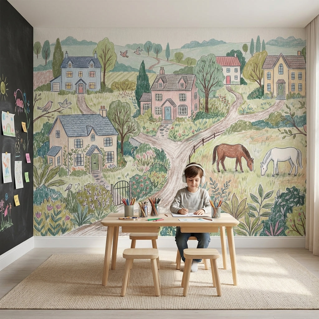 Köy Manzaralı Poster Duvar Kağıdı Pastel Yeşil Çocuk Odası