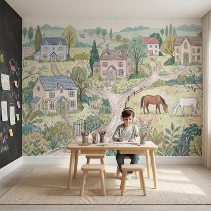 Köy Manzaralı Poster Duvar Kağıdı Pastel Yeşil Çocuk Odası