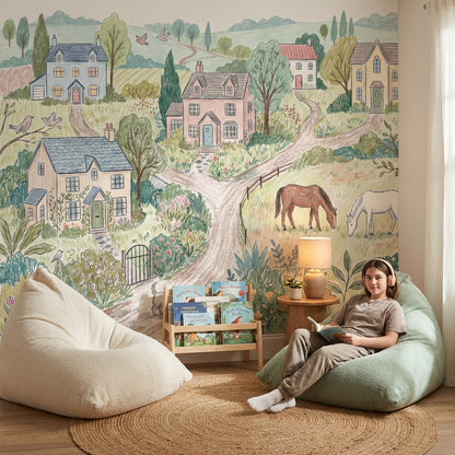 Köy Manzaralı Poster Duvar Kağıdı Pastel Yeşil Çocuk Odası
