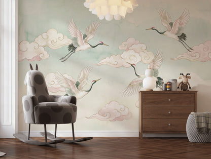 Uçan Turnalı Poster Duvar Kağıdı Pastel Bulutlu Çocuk Odası