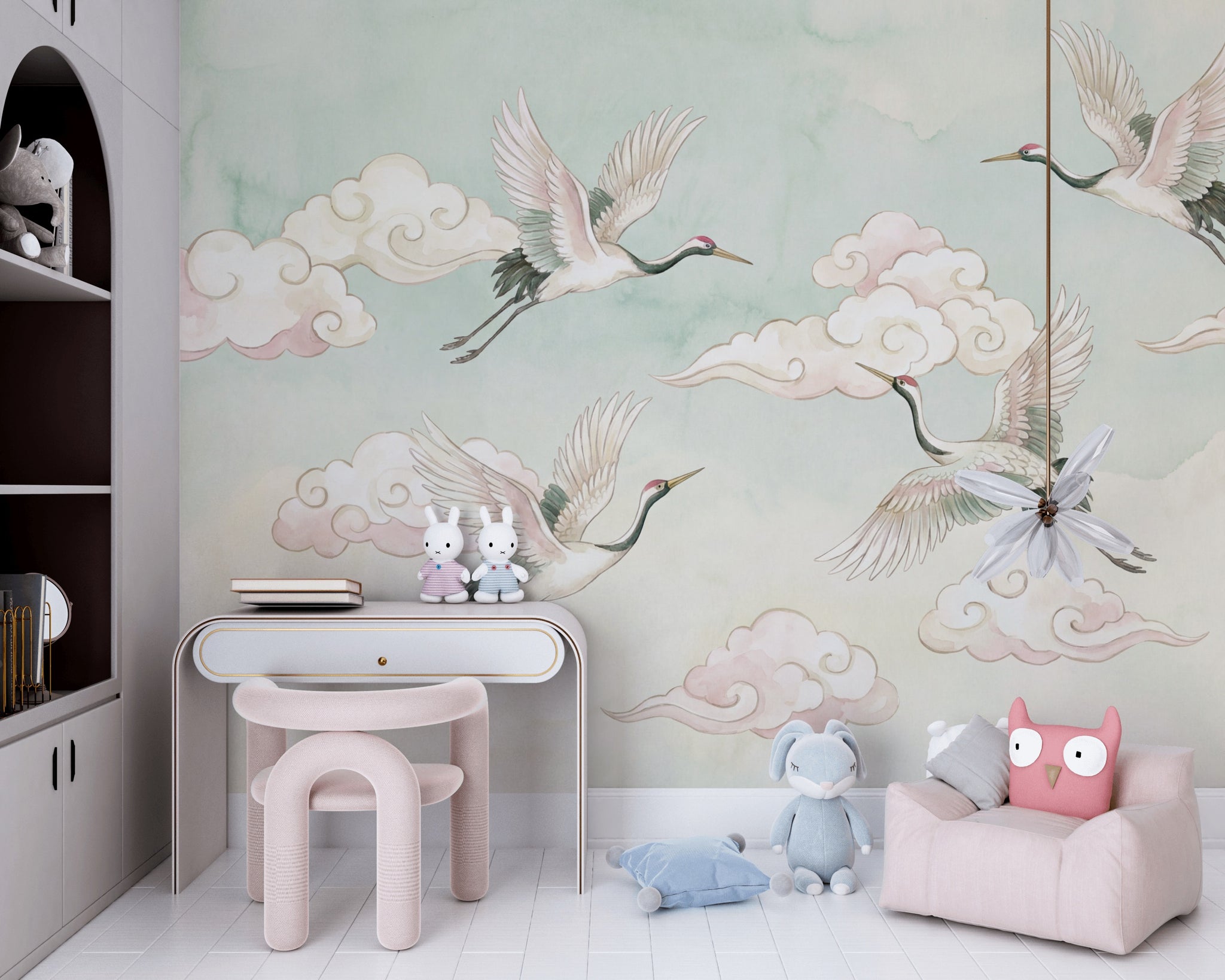 Uçan Turnalı Poster Duvar Kağıdı Pastel Bulutlu Çocuk Odası