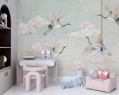 Uçan Turnalı Poster Duvar Kağıdı Pastel Bulutlu Çocuk Odası