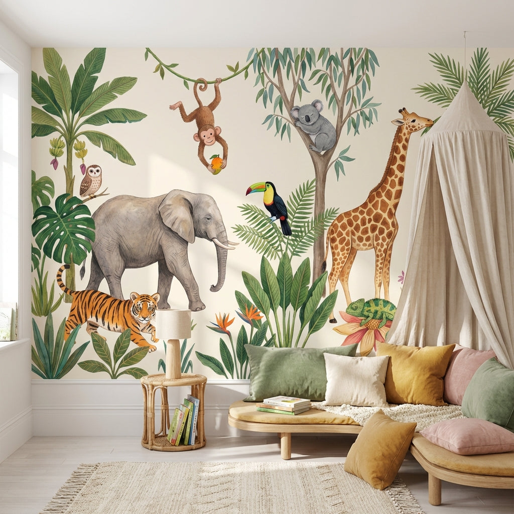 Safari Hayvanlı Poster Duvar Kağıdı Yeşil Çocuk Odası