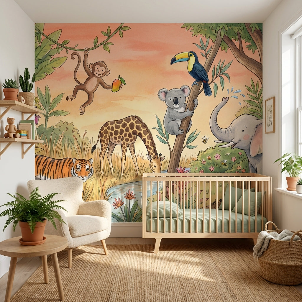 Safari Hayvanlı Poster Duvar Kağıdı Çocuk Odası Pastel Orman