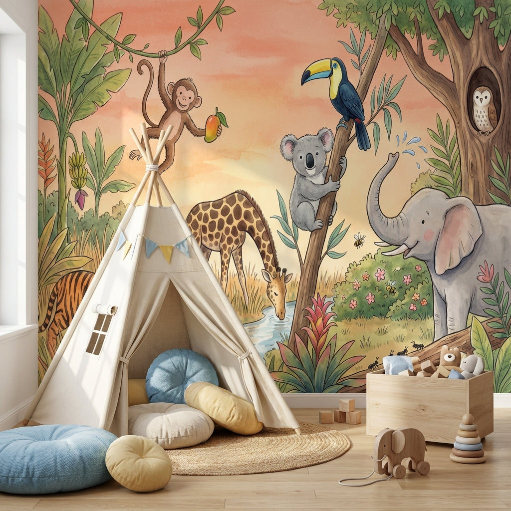 Safari Hayvanlı Poster Duvar Kağıdı Çocuk Odası Pastel Orman
