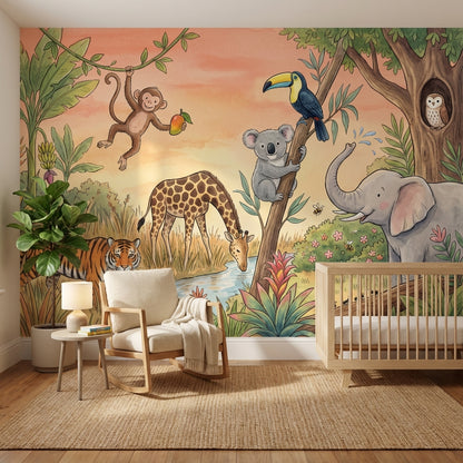 Safari Hayvanlı Poster Duvar Kağıdı Çocuk Odası Pastel Orman