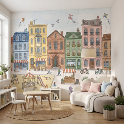 Şehir Evleri İllüstrasyonlu Poster Duvar Kağıdı Çocuk Odası Pastel