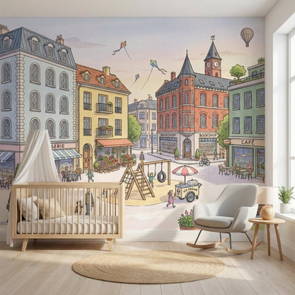 Şehir Meydanı Çocuk Poster Duvar Kağıdı Pastel İllüstrasyon