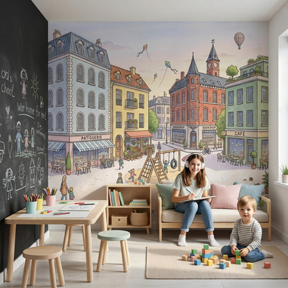 Şehir Meydanı Çocuk Poster Duvar Kağıdı Pastel İllüstrasyon
