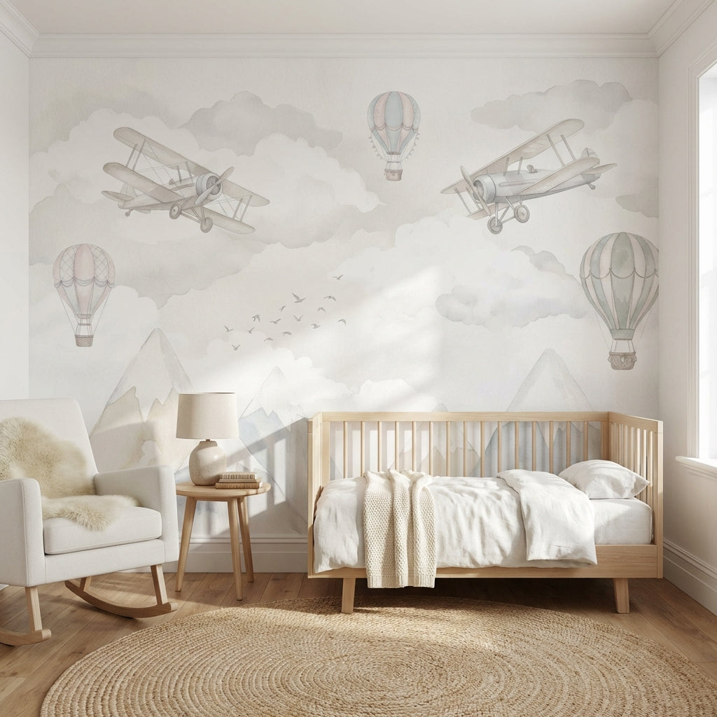 Uçak ve Balonlu Poster Duvar Kağıdı Pastel Çocuk Odası