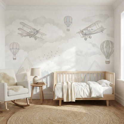 Uçak ve Balonlu Poster Duvar Kağıdı Pastel Çocuk Odası