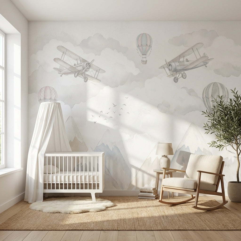 Uçak ve Balonlu Poster Duvar Kağıdı Pastel Çocuk Odası