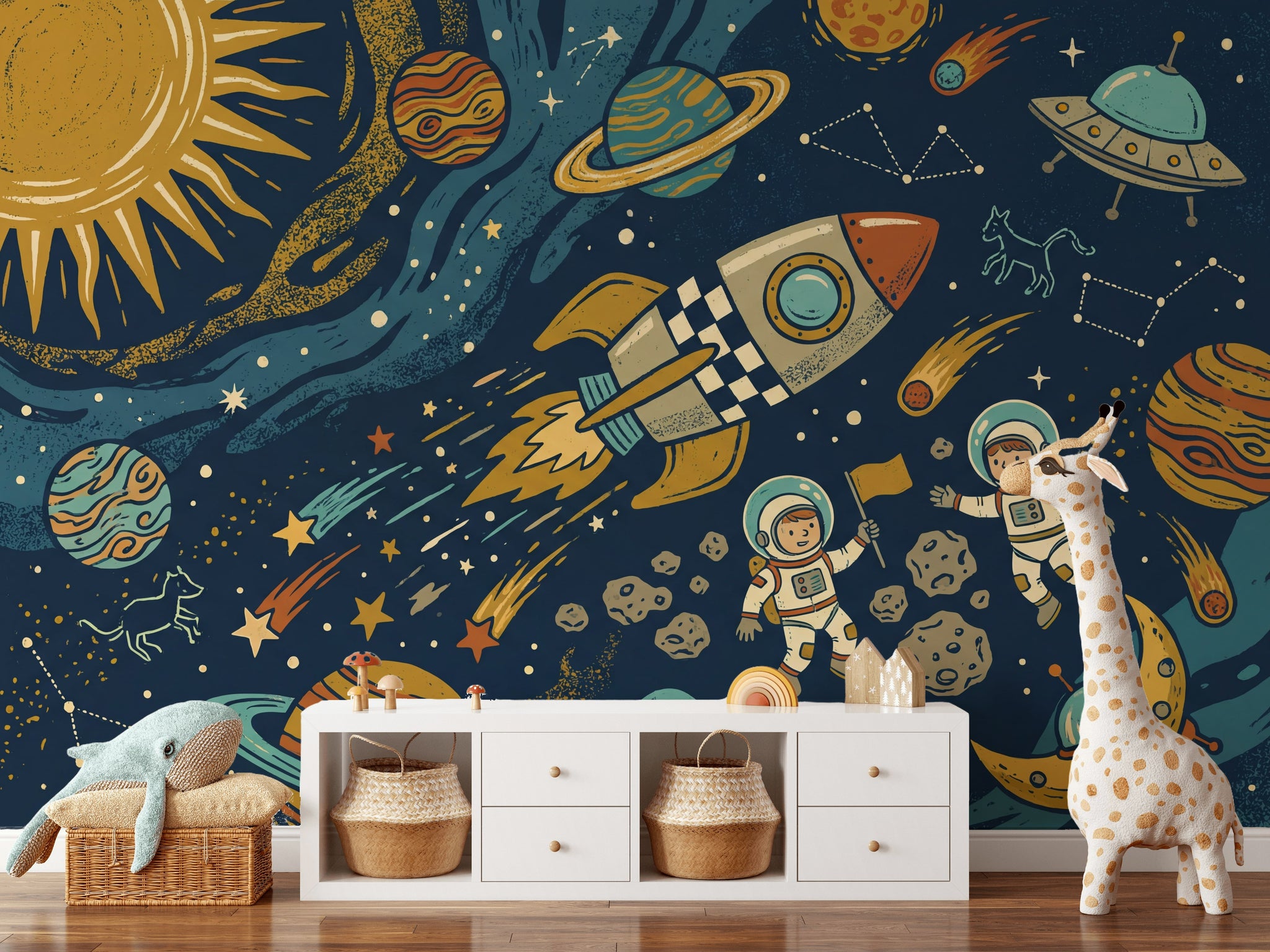 Uzay Temalı Poster Duvar Kağıdı Lacivert Çocuk Odası Deseni