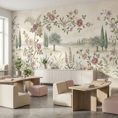 Pastel Gül Bahçesi Poster Duvar Kağıdı Bej Yeşil Manzara