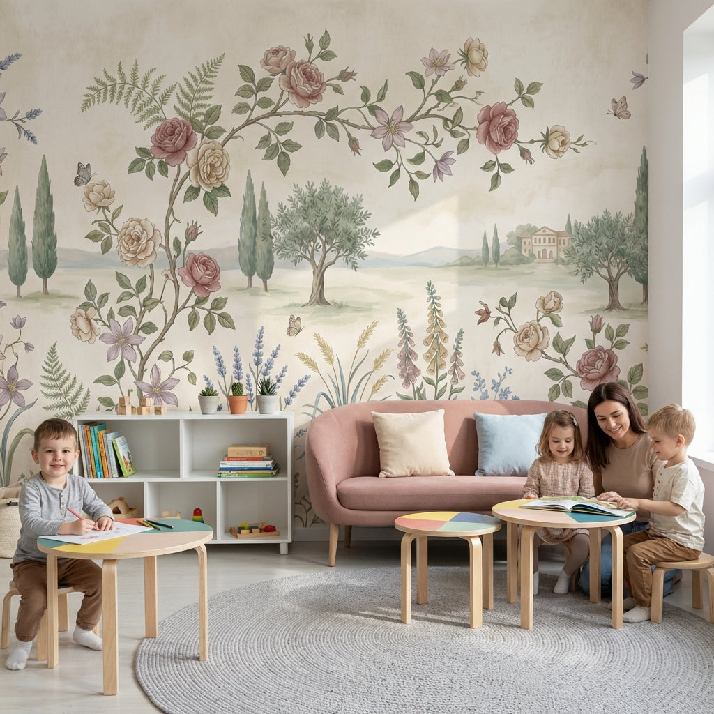 Pastel Gül Bahçesi Poster Duvar Kağıdı Bej Yeşil Manzara