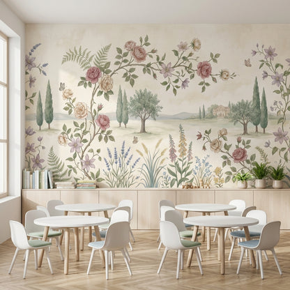 Pastel Gül Bahçesi Poster Duvar Kağıdı Bej Yeşil Manzara