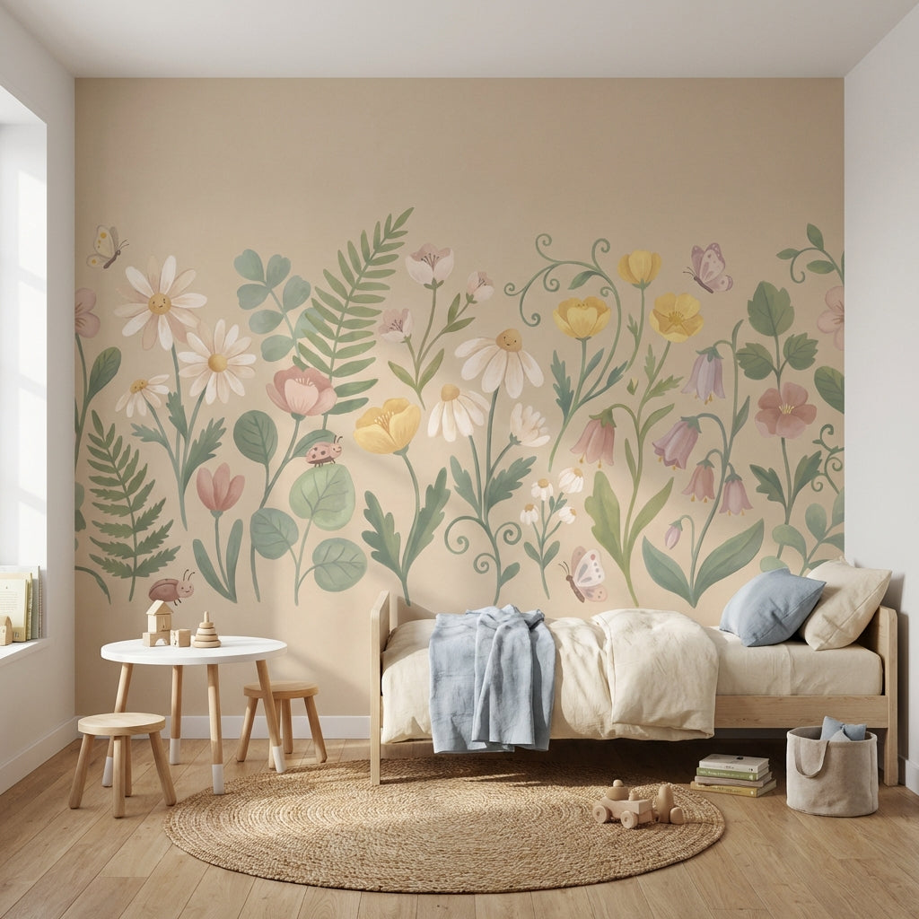 Pastel Çiçek Bahçesi Poster Duvar Kağıdı Bej Çocuk Odası